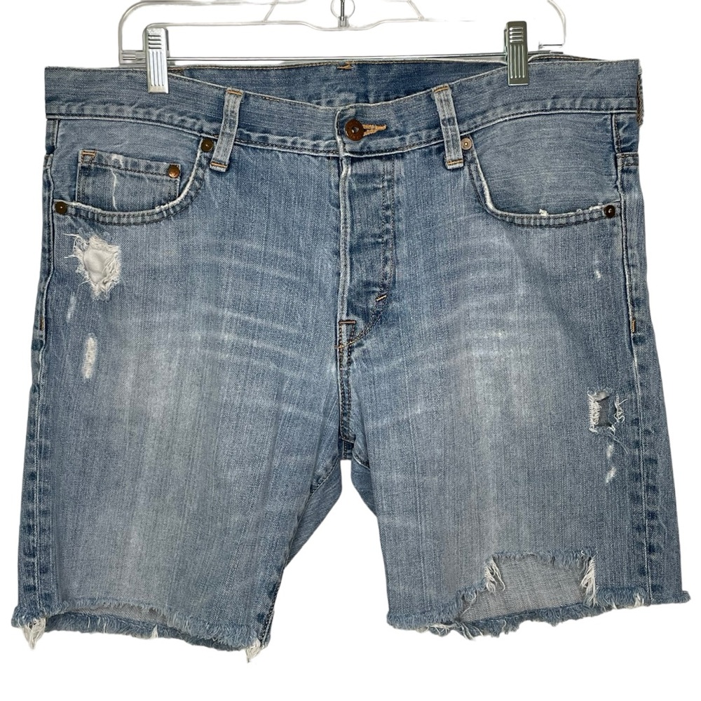 H&M &Denim Sz 34 Button-Fly High-Waist Jean Shorts Destroyed Distressed Denim